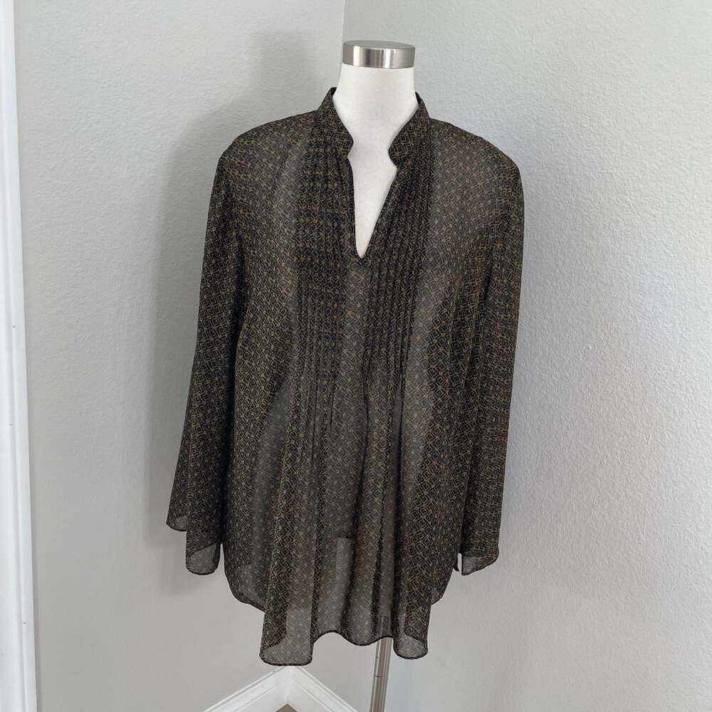 Lauren Ralph Lauren Womens Plus‎ 2X Sheer Black Gold Diamond Blouse Tunic Top